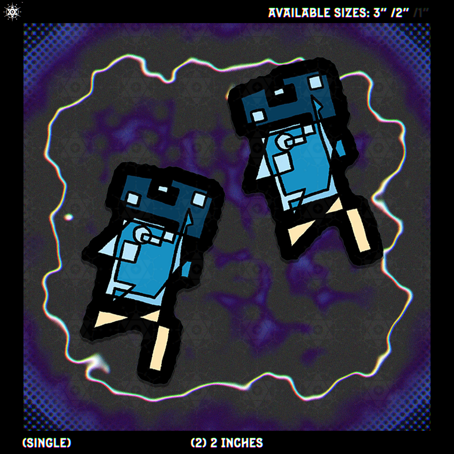 2 geometric abstract stylized character with blue, beige and black sticker design on a purple abstract chromatic aberration background.
