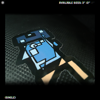 sticker that is a stylized abstract character with blue face and black line art and beige body.