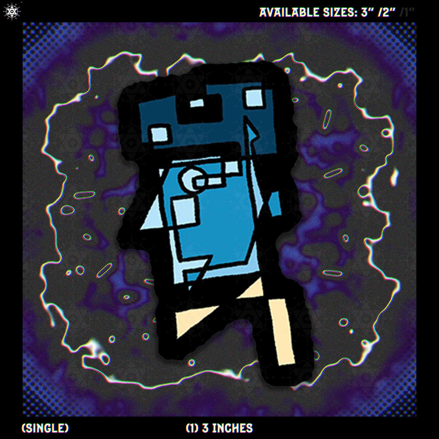 Geometric abstract stylized character with blue, beige and black sticker design on a purple abstract chromatic aberration background.