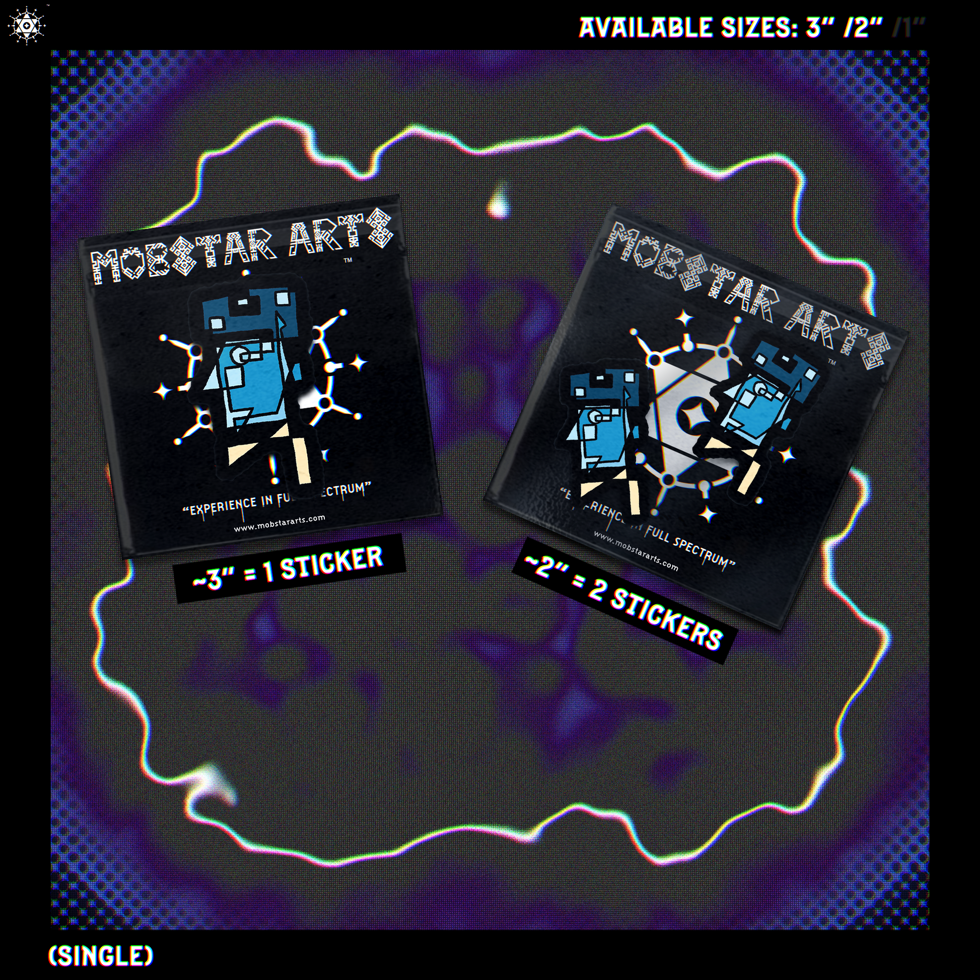 Geometric abstract stylized character with blue, beige and black sticker design IN "MOBSTAR ARTS" packaging, on a purple abstract chromatic aberration background.