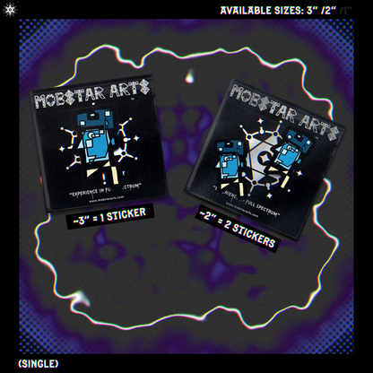 Geometric abstract stylized character with blue, beige and black sticker design IN "MOBSTAR ARTS" packaging, on a purple abstract chromatic aberration background.