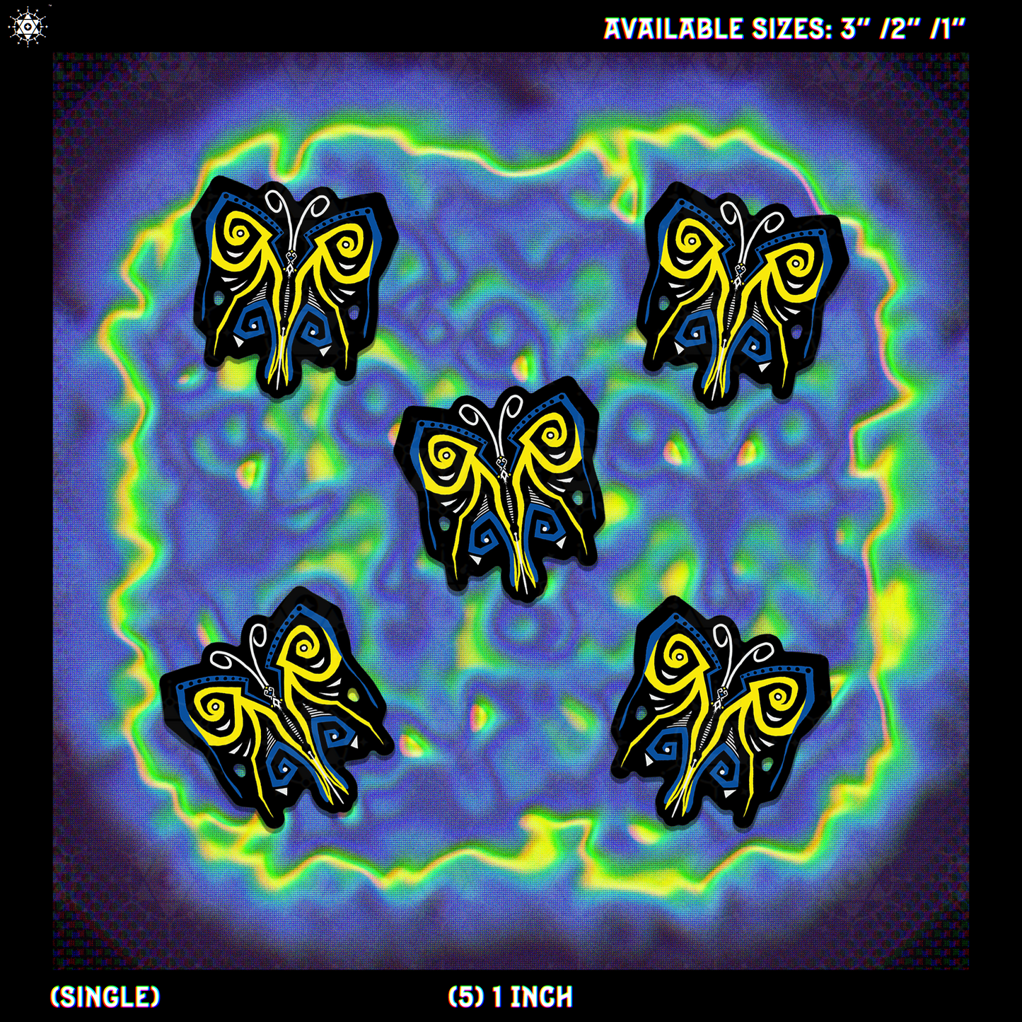 5 butterfly design with blue, white, black and yellow colors on a blue, yellow green chromatic aberration background.