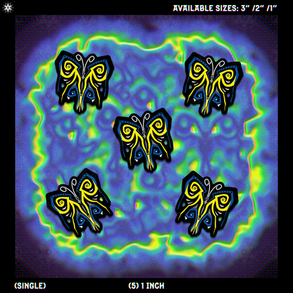 5 butterfly design with blue, white, black and yellow colors on a blue, yellow green chromatic aberration background.