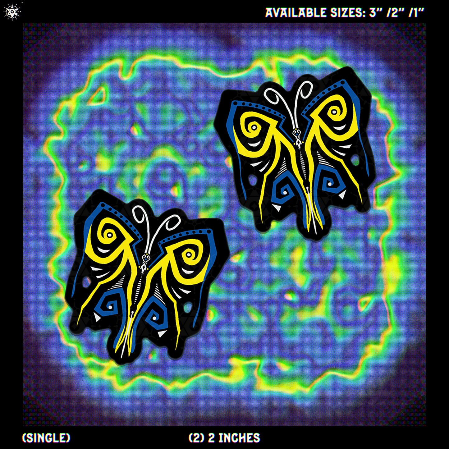 2 butterfly design with blue, white, black and yellow colors on a blue, yellow green chromatic aberration background.
