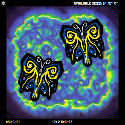 2 butterfly design with blue, white, black and yellow colors on a blue, yellow green chromatic aberration background.