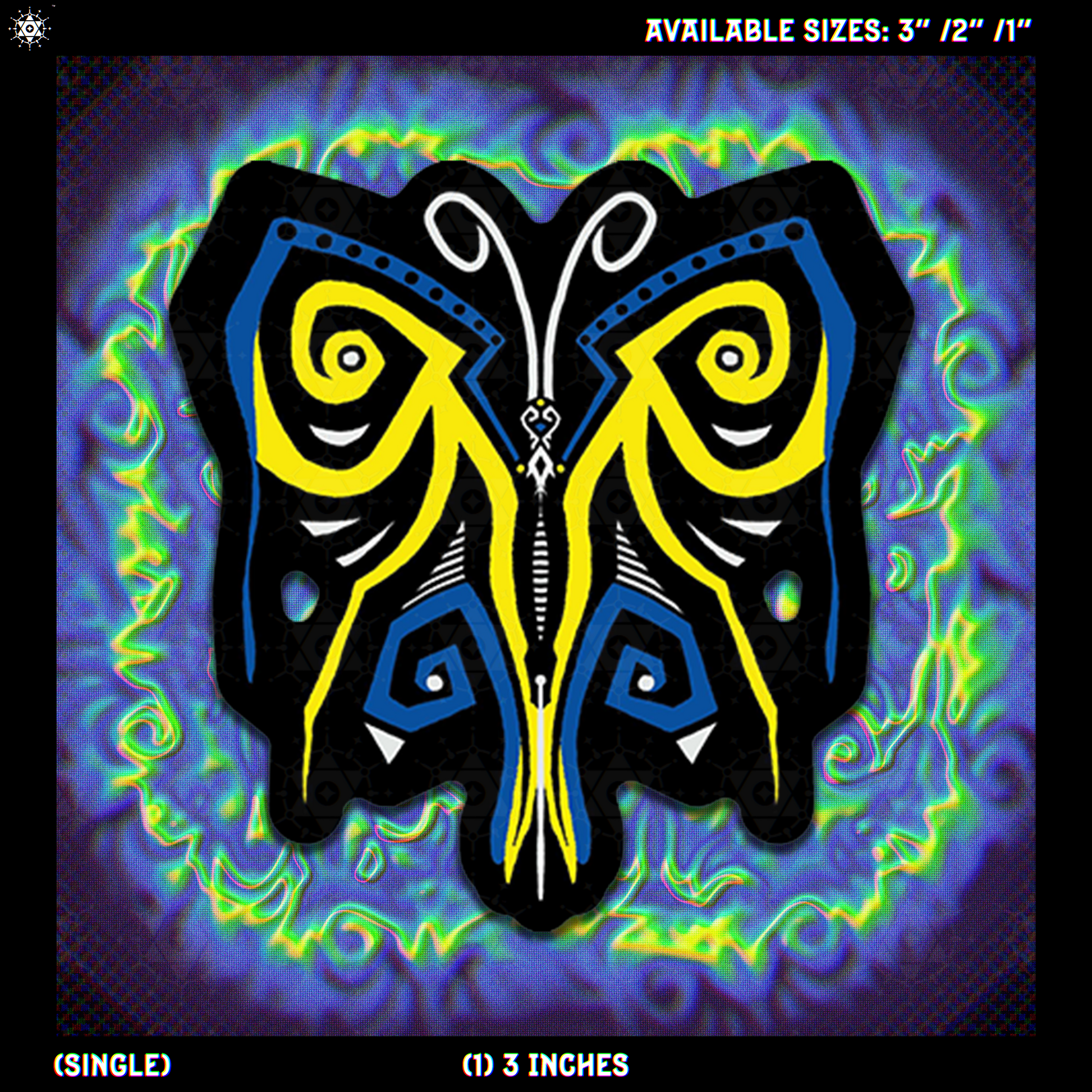 Butterfly design with blue, white, black and yellow colors on a blue, yellow green chromatic aberration background.