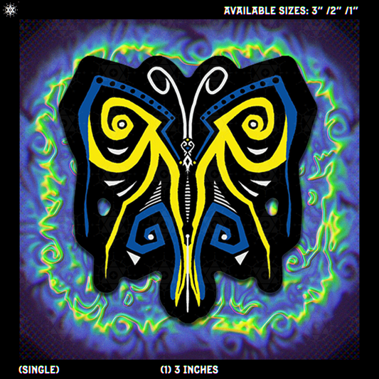 Butterfly design with blue, white, black and yellow colors on a blue, yellow green chromatic aberration background.