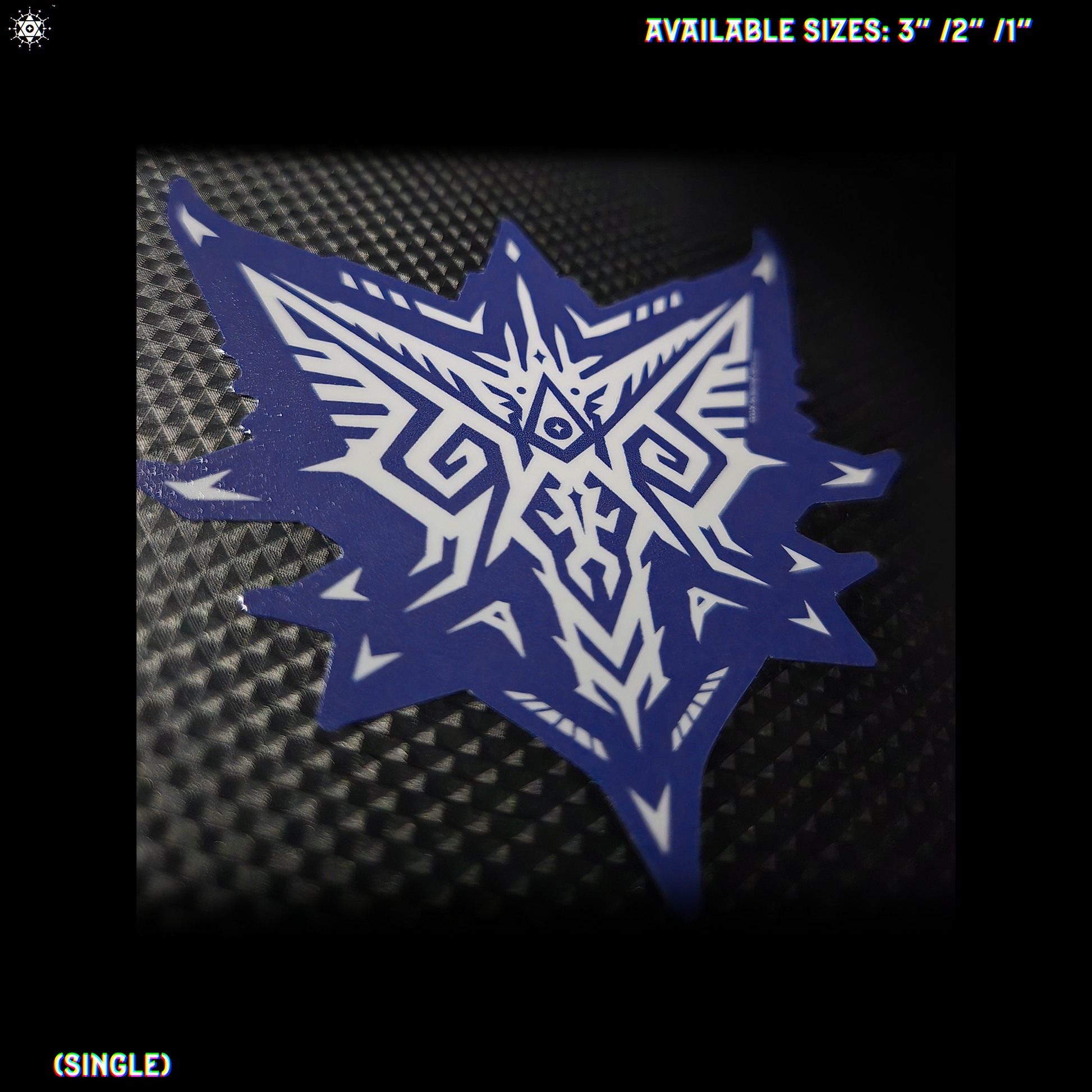A blue and white geometric tribal-style decal sticker shown on a textured black background, with text indicating available sizes of 3", 2" and 1".
