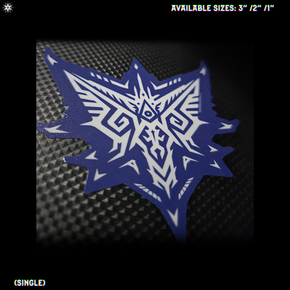 A blue and white geometric tribal-style decal sticker shown on a textured black background, with text indicating available sizes of 3", 2" and 1".
