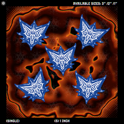 Five blue and white tribal-style shield-shaped decals shown on a dark orange abstract background with text indicating available sizes and single/2-pack quantity.