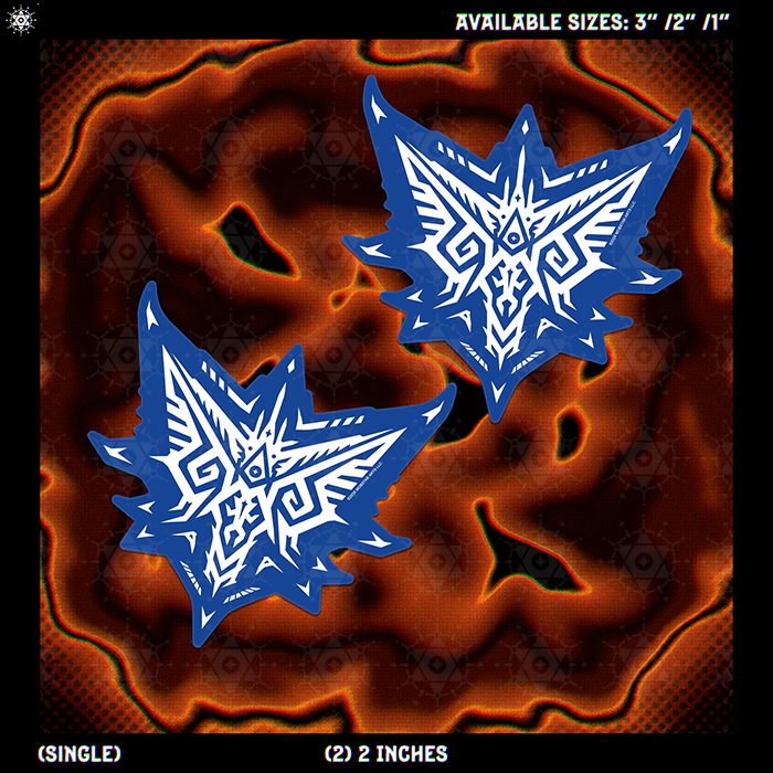 Two blue and white tribal-style shield-shaped decals shown on a dark orange abstract background with text indicating available sizes and single/2-pack quantity.