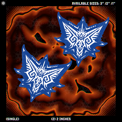 Two blue and white tribal-style shield-shaped decals shown on a dark orange abstract background with text indicating available sizes and single/2-pack quantity.