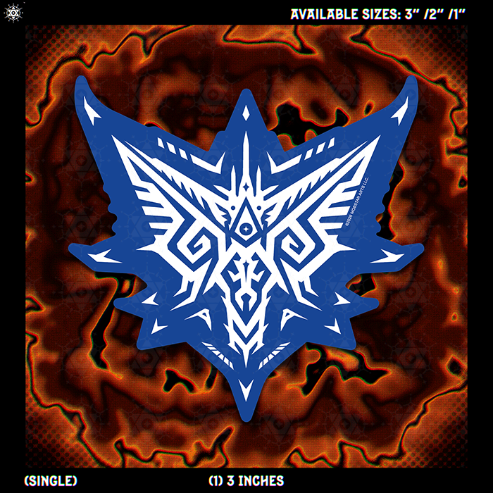A blue and white geometric tribal-style emblem sticker, centered on a fiery orange and brown abstract background, with text at the top and bottom indicating available sizes and single 3-inch quantity.