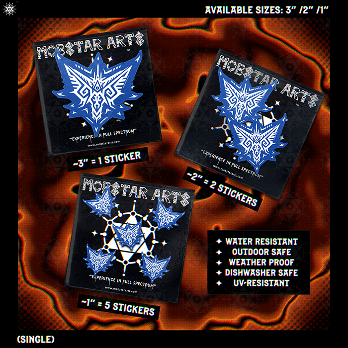 Three black Mobstar Arts sticker packs showing blue and white geometric star designs, with text indicating available sizes 3" / 2" / 1" and feature callouts like water resistant, outdoor safe, weather proof, dishwasher safe, and UV-resistant.