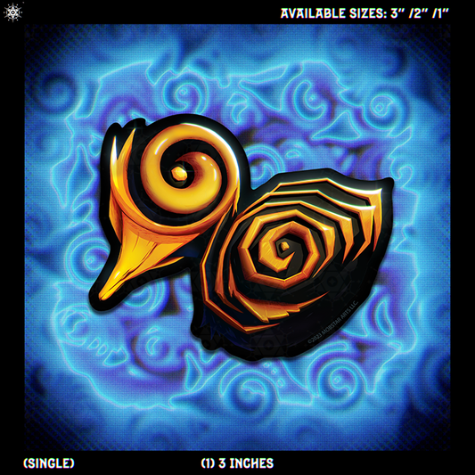 A square graphic showing a single decorative sticker design of a duck with a spiral and geometric  pattern in orange/yellow, and black/blue. Text at the top says available sizes 3" / 2" / 1" and text at the bottom says single and 1) 3 inches.
