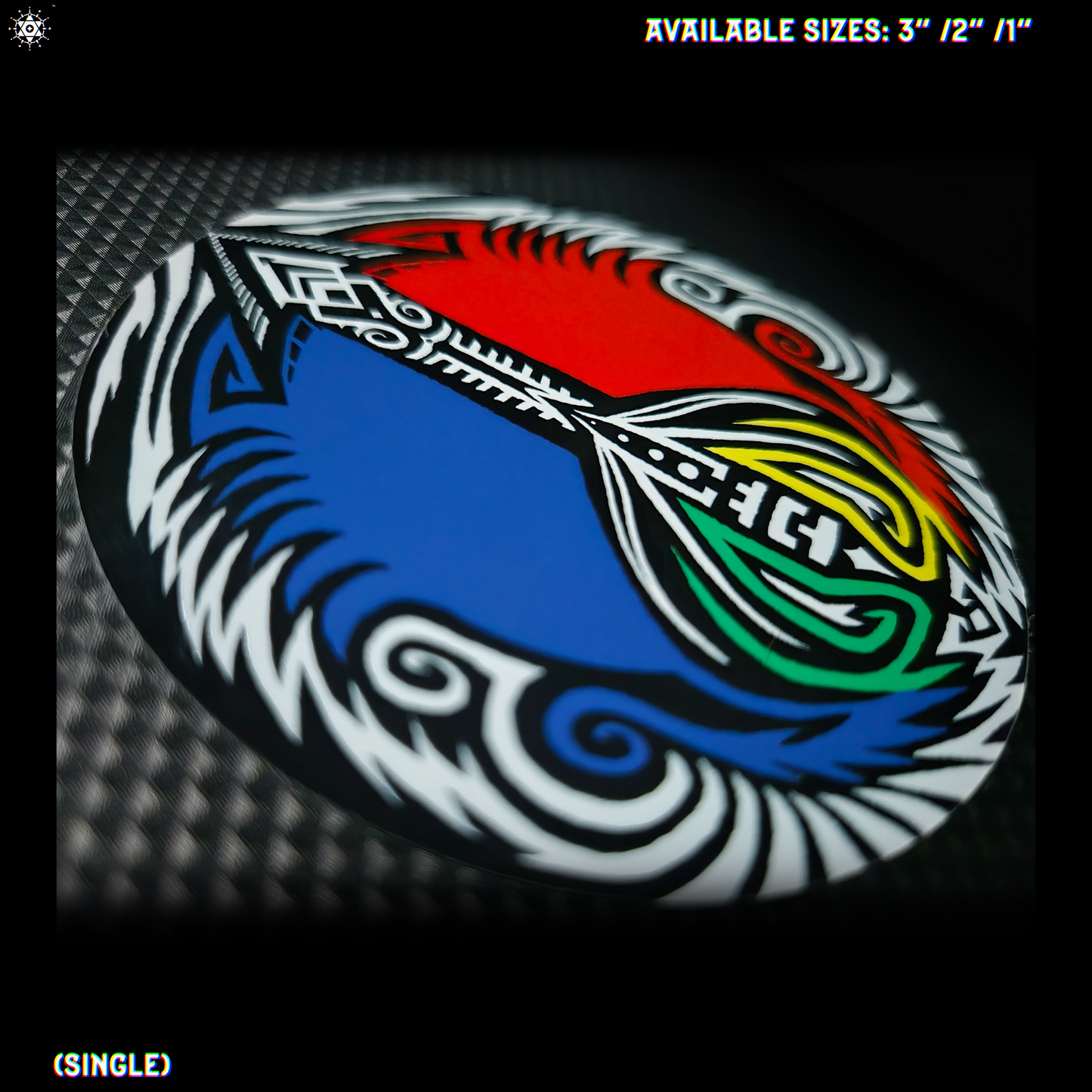 Close up of a peace symbol sticker with colorful (red, blue, black, yellow, green and white) tribal design stuck onto a black background.