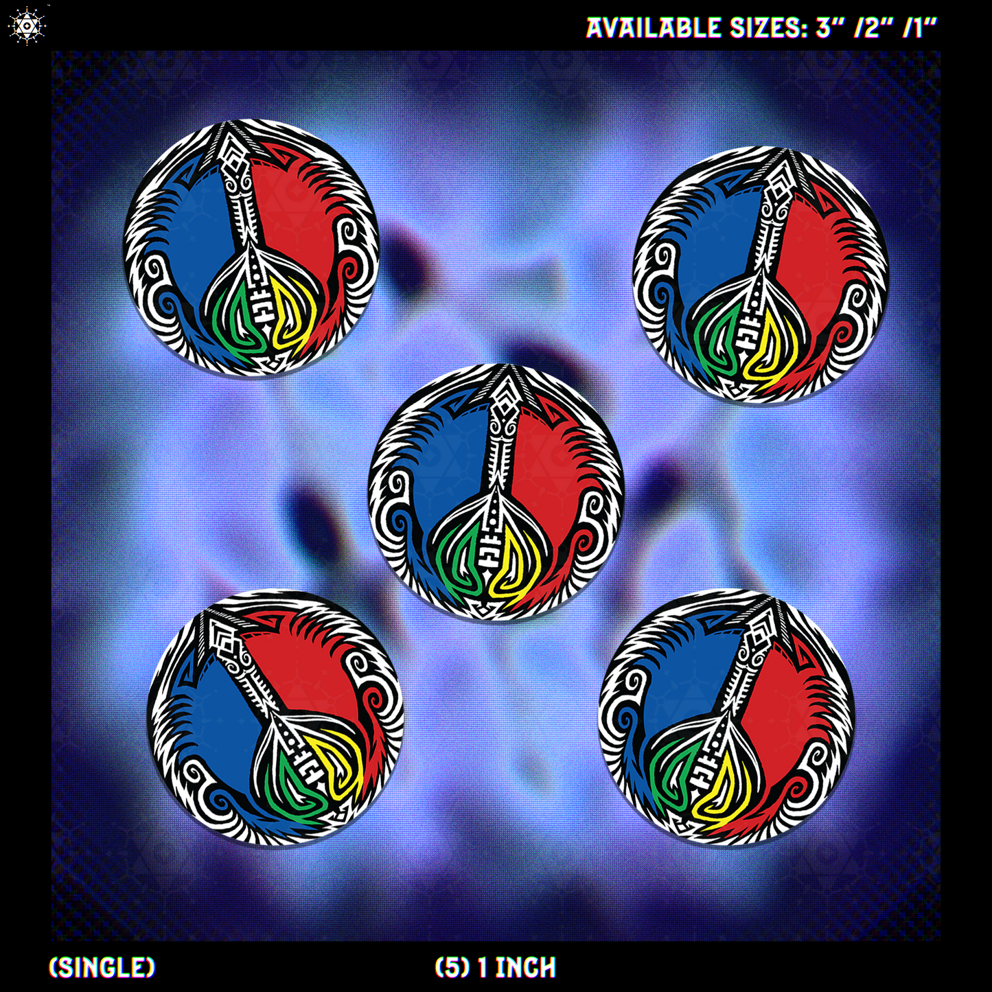 5 Peace symbol stickers with colorful (red, blue, black, yellow, green and white) tribal design on a blue abstract chromatic aberration background.