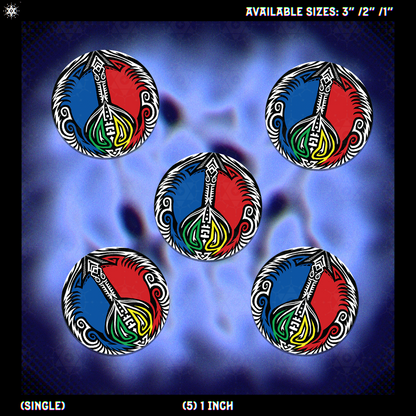 5 Peace symbol stickers with colorful (red, blue, black, yellow, green and white) tribal design on a blue abstract chromatic aberration background.