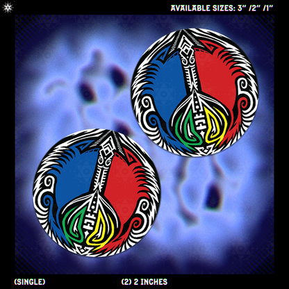 2 Peace symbol stickers with colorful (red, blue, black, yellow, green and white) tribal design on a blue abstract chromatic aberration background.