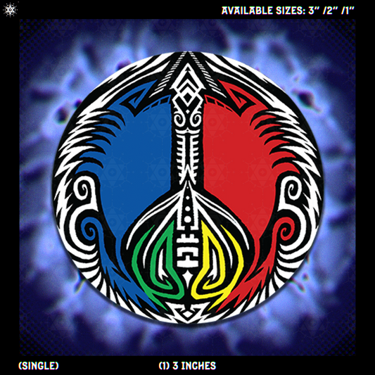 Peace symbol sticker with colorful (red, blue, black, yellow, green and white) tribal design on a blue abstract chromatic aberration background.