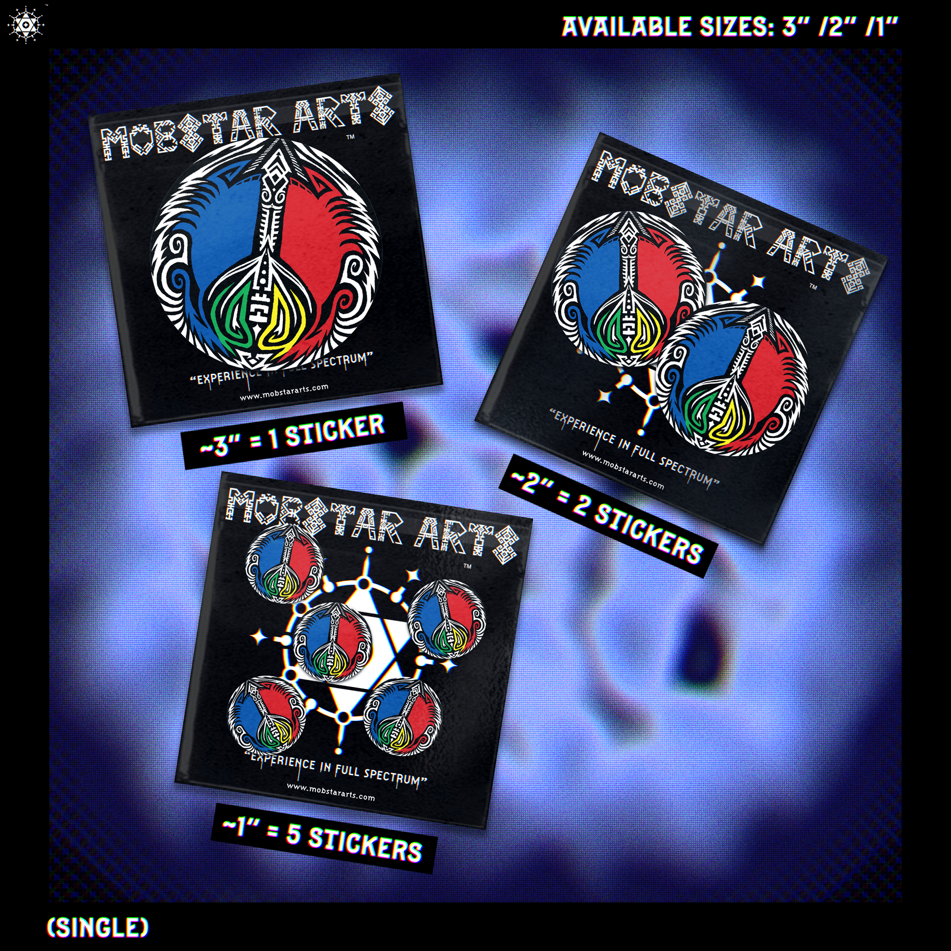 Sticker packs from Mobstar Arts with different size options on a blue gradient background.