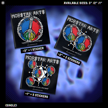 Sticker packs from Mobstar Arts with different size options on a blue gradient background.