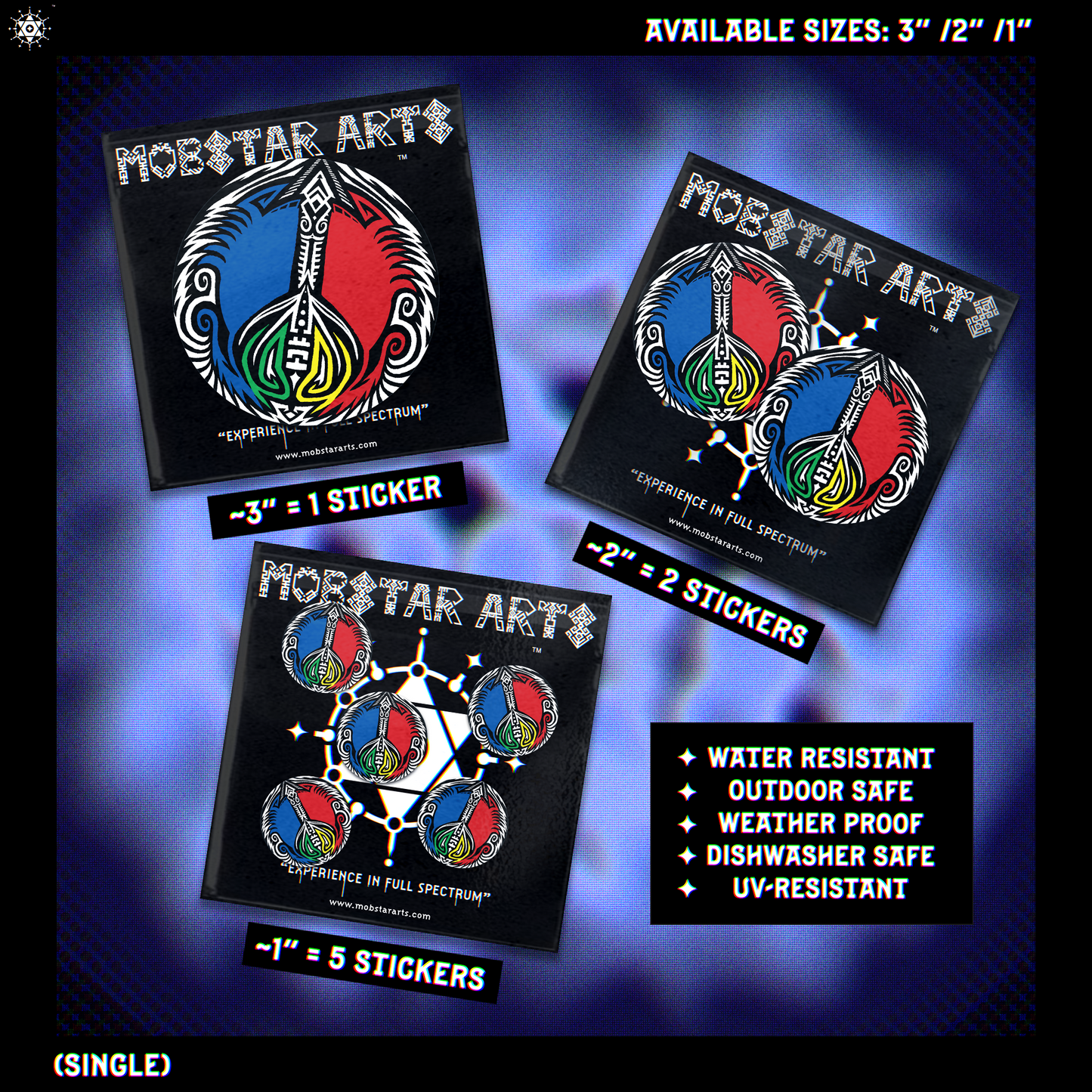 Colorful abstract art stickers in 3, 2, and 1 inch sizes, water and UV resistant.