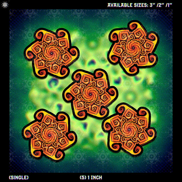 Five decorative square stickers with orange and yellow spiral mandala designs outlined in black, displayed on a green patterned background with text indicating available sizes and single/inch counts.