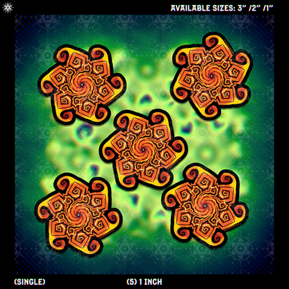 Five decorative square stickers with orange and yellow spiral mandala designs outlined in black, displayed on a green patterned background with text indicating available sizes and single/inch counts.