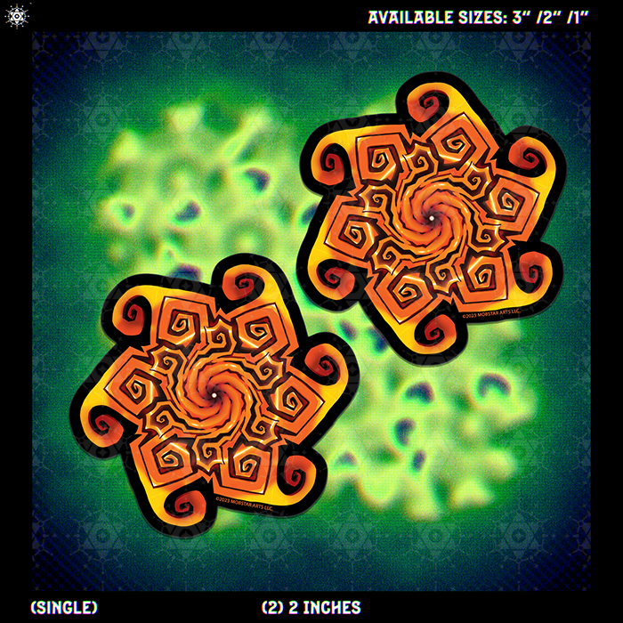 Two decorative stickers with orange and yellow spiral mandala designs outlined in black, shown on a dark green patterned background with text indicating available sizes.