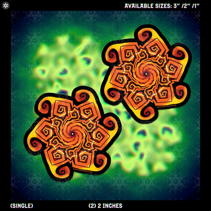Two decorative stickers with orange and yellow spiral mandala designs outlined in black, shown on a dark green patterned background with text indicating available sizes.
