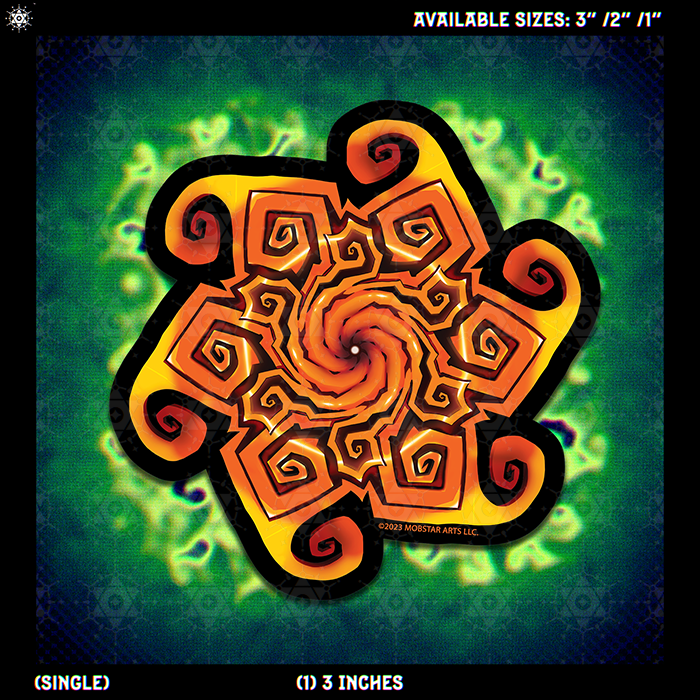 A square graphic showing a single decorative sticker design with a psychedelic spiral and geometric mandala pattern in orange, yellow, and black on a green glowing background. Text at the top says available sizes 3" / 2" / 1" and text at the bottom says single and 1) 3 inches.