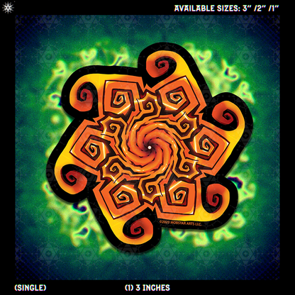 A square graphic showing a single decorative sticker design with a psychedelic spiral and geometric mandala pattern in orange, yellow, and black on a green glowing background. Text at the top says available sizes 3" / 2" / 1" and text at the bottom says single and 1) 3 inches.