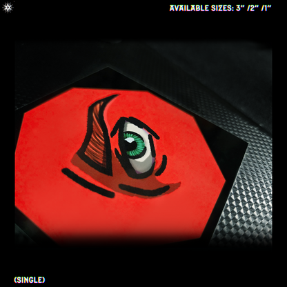A square shaped sticker design depicting an eye; green iris, red/orange skin and eyebrows, black line art and borders shaped as a octagon, stuck onto a black background.