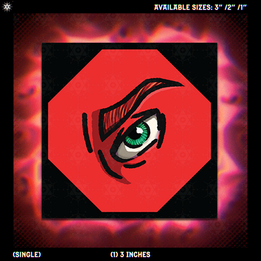Illustration of a square shaped sticker design depicting an eye; green iris, red/orange skin and eyebrows, black line art and black borders shaped as a octagon, all on a pinky/red background.