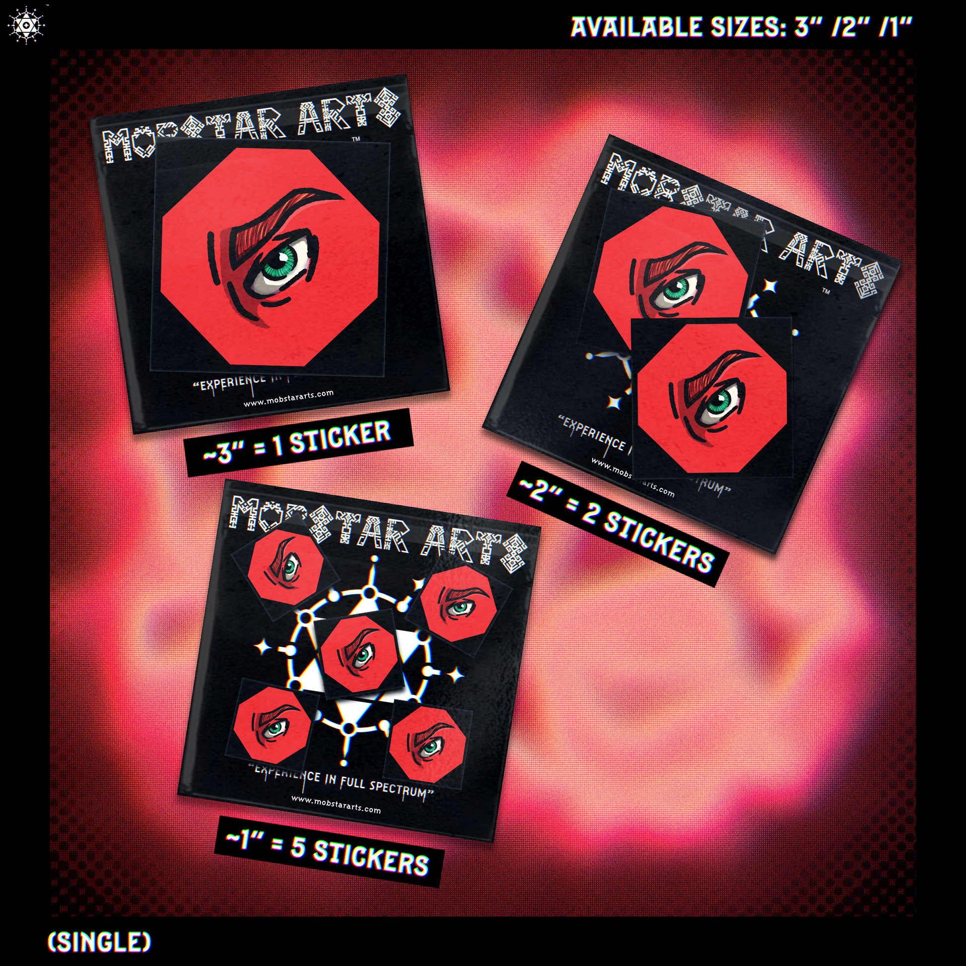 Sticker packs from Mobstar Arts with red eye sticker design on a red/pinky background.