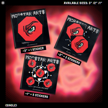 Sticker packs from Mobstar Arts with red eye sticker design on a red/pinky background.