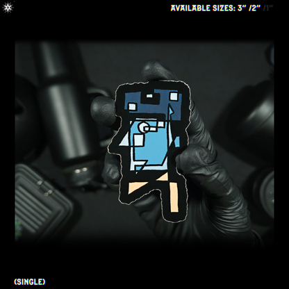 Video of hand holding a geometric abstract stylized character with blue, beige and black sticker design over a background.