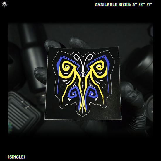 Video depicting a had holding and showing a blue, black, yellow and white, butterfly shaped sticker.