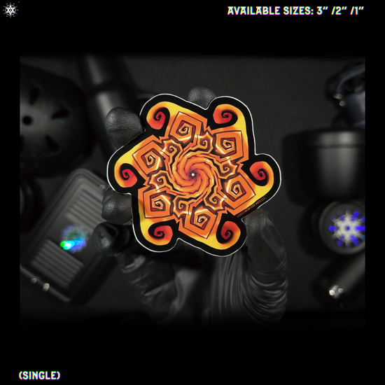 Video depicting a had holding and showing a spiral sun symbol sticker with vibrant colors (oranges and yellows) 3D spiral design over a background with bottles, helmet, and lunchboxes.